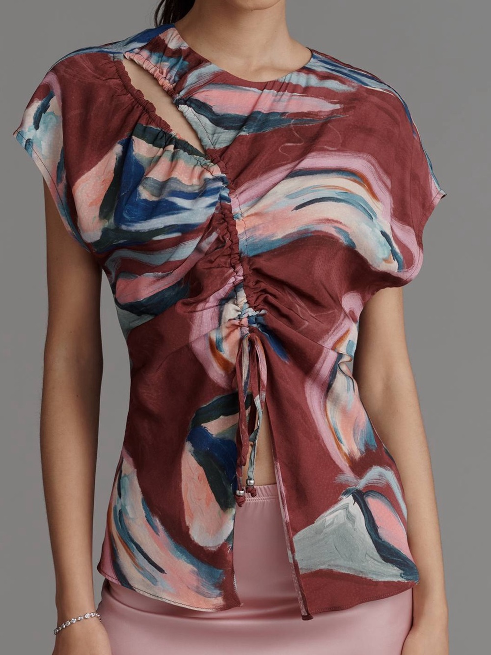 Anthropologie Scotch & Soda Drawstring Keyhole Short Sleeve Top 10 Abstract Boho